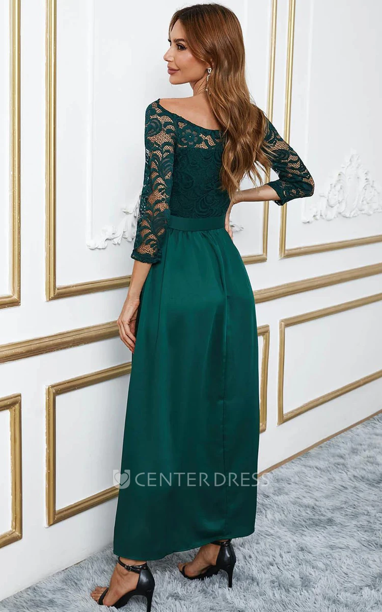 Elegant A-Line Satin Formal Dress With Long Sleeves And Illusion Back