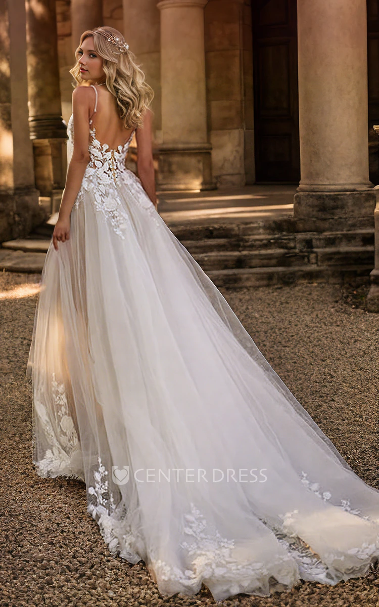 Sexy Romantic Spaghetti Plunging Neckline A-Line Lace Flowers Tulle Wedding Dress Elegant Ethereal Sleeveless Floor-length Deep-V Back Garden Bridal Gown with Train