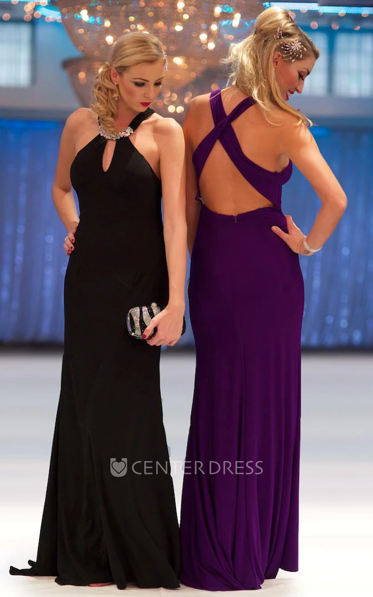 Sheath Floor-Length Scoop-Neck Sleeveless Jersey Prom Dress