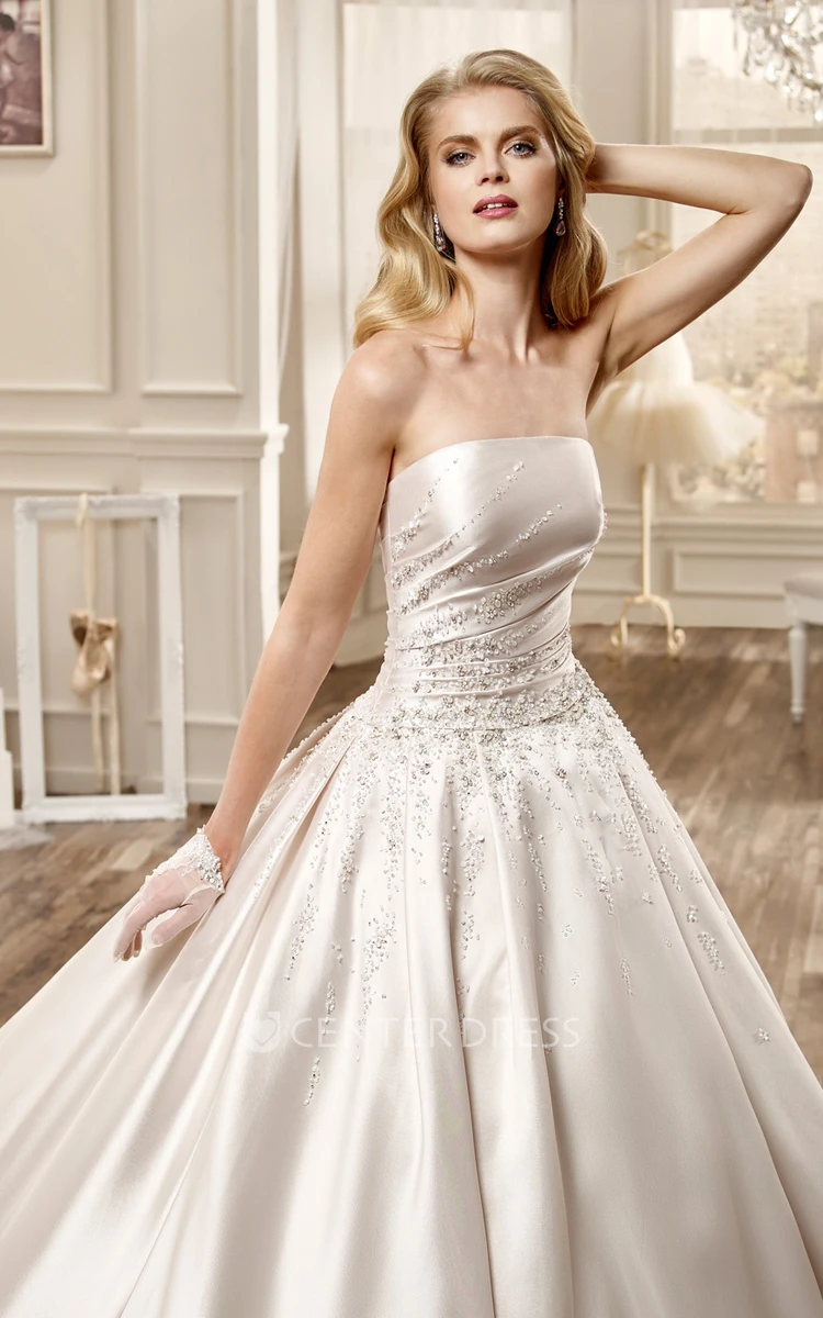 Strapless Satin Long Wedding Dress With Beading Embellishment And Chapel Train