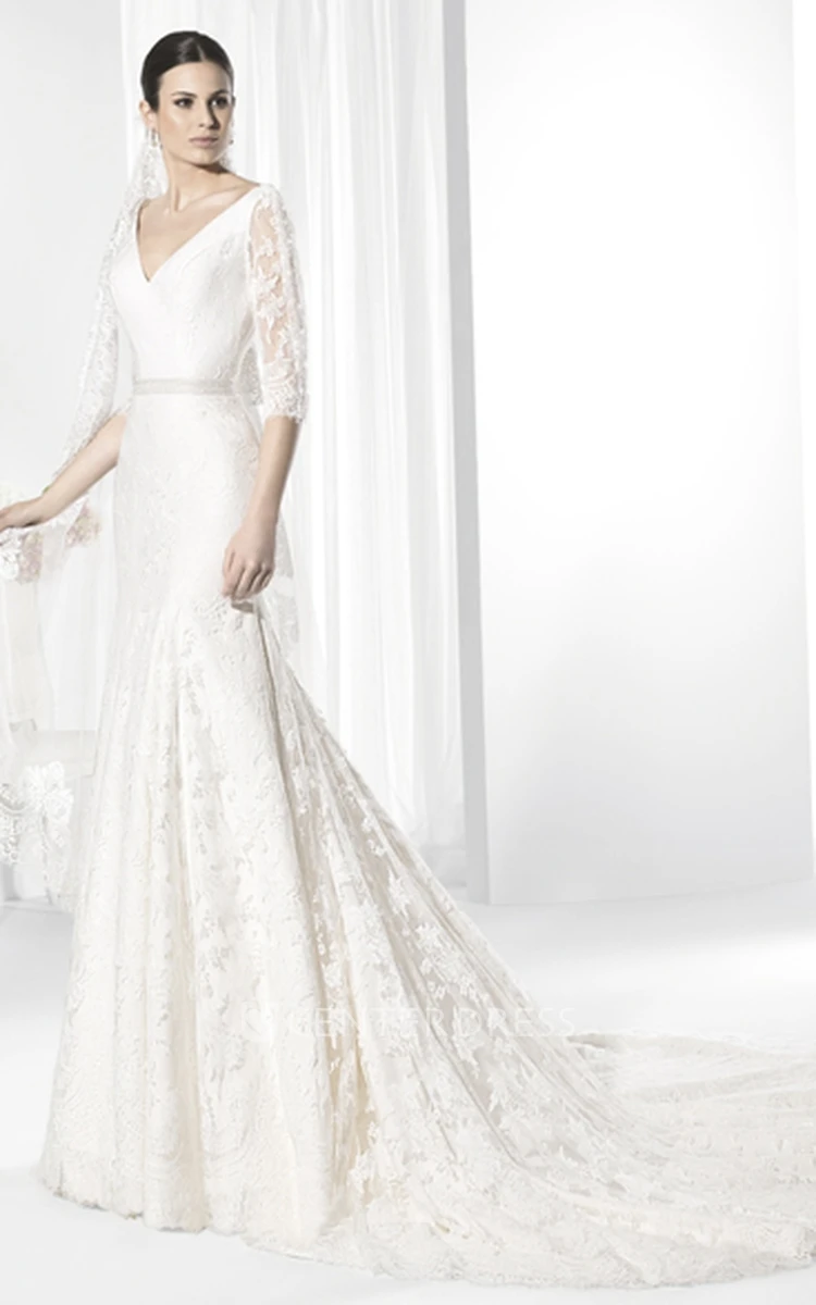 V-Neck Appliqued Half-Sleeve Lace Wedding Dress With Waist Jewellery And Deep-V Back