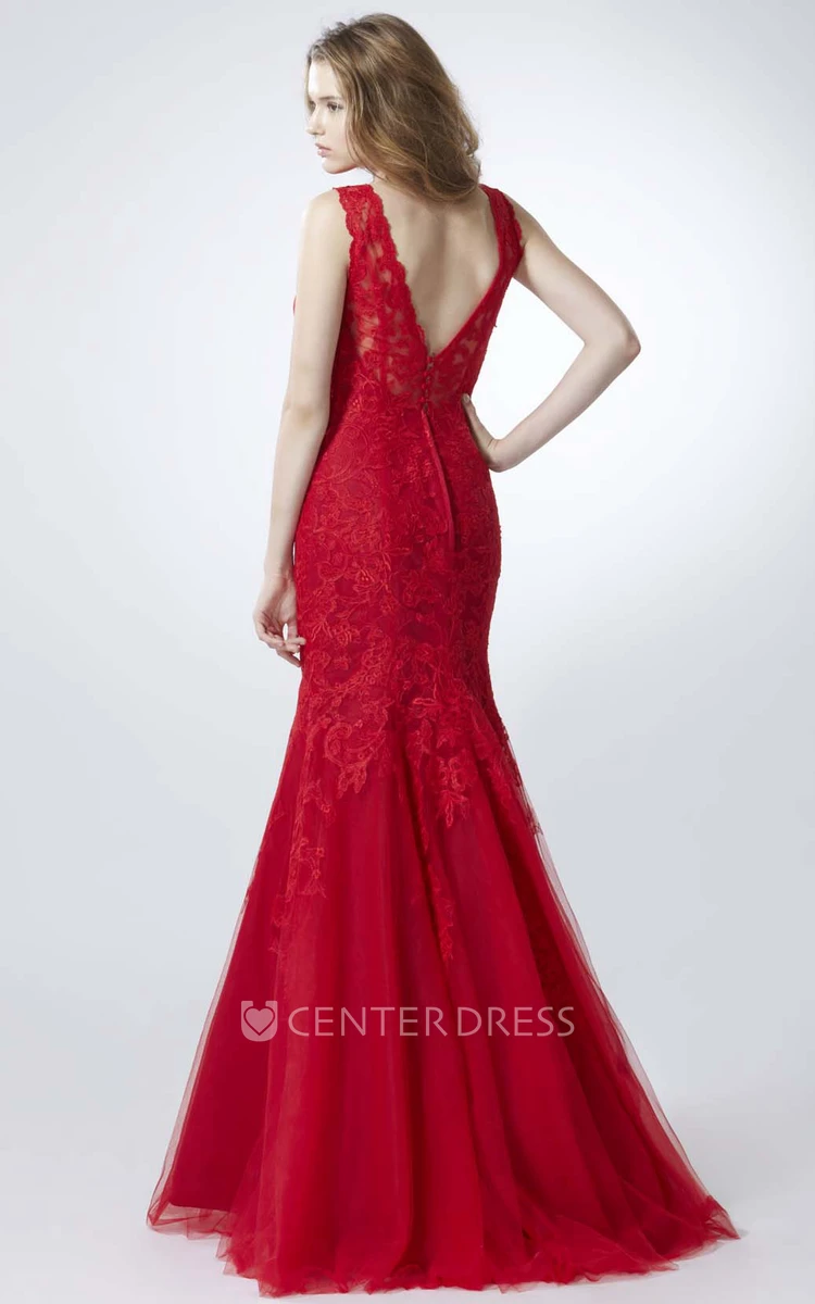 Mermaid Appliqued V-Neck Floor-Length Sleeveless Lace Prom Dress With Low-V Back And Broach