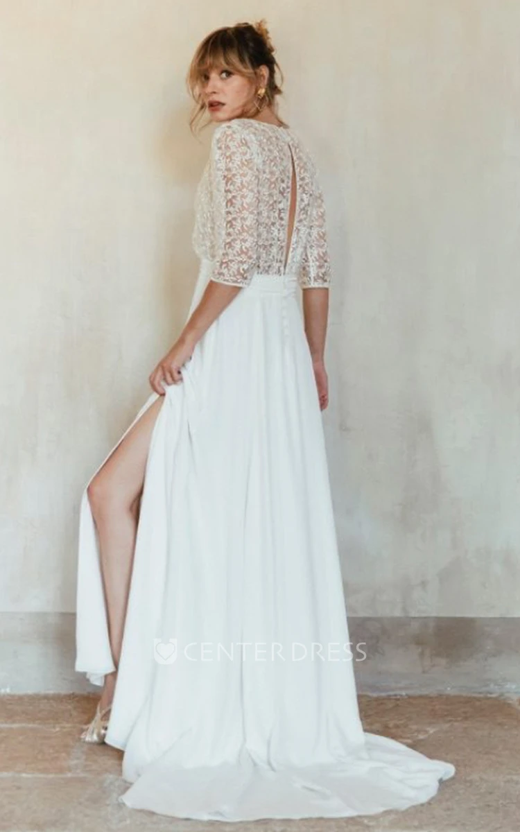 Lace A-Line Wedding Dress with V-Neck and Button Back Half Sleeve