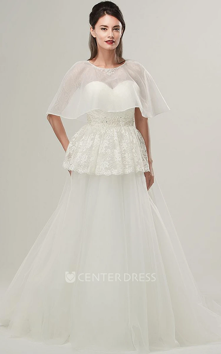 A-Line Floor-Length Sweetheart Criss-Cross Sleeveless Tulle Wedding Dress With Peplum And Beading