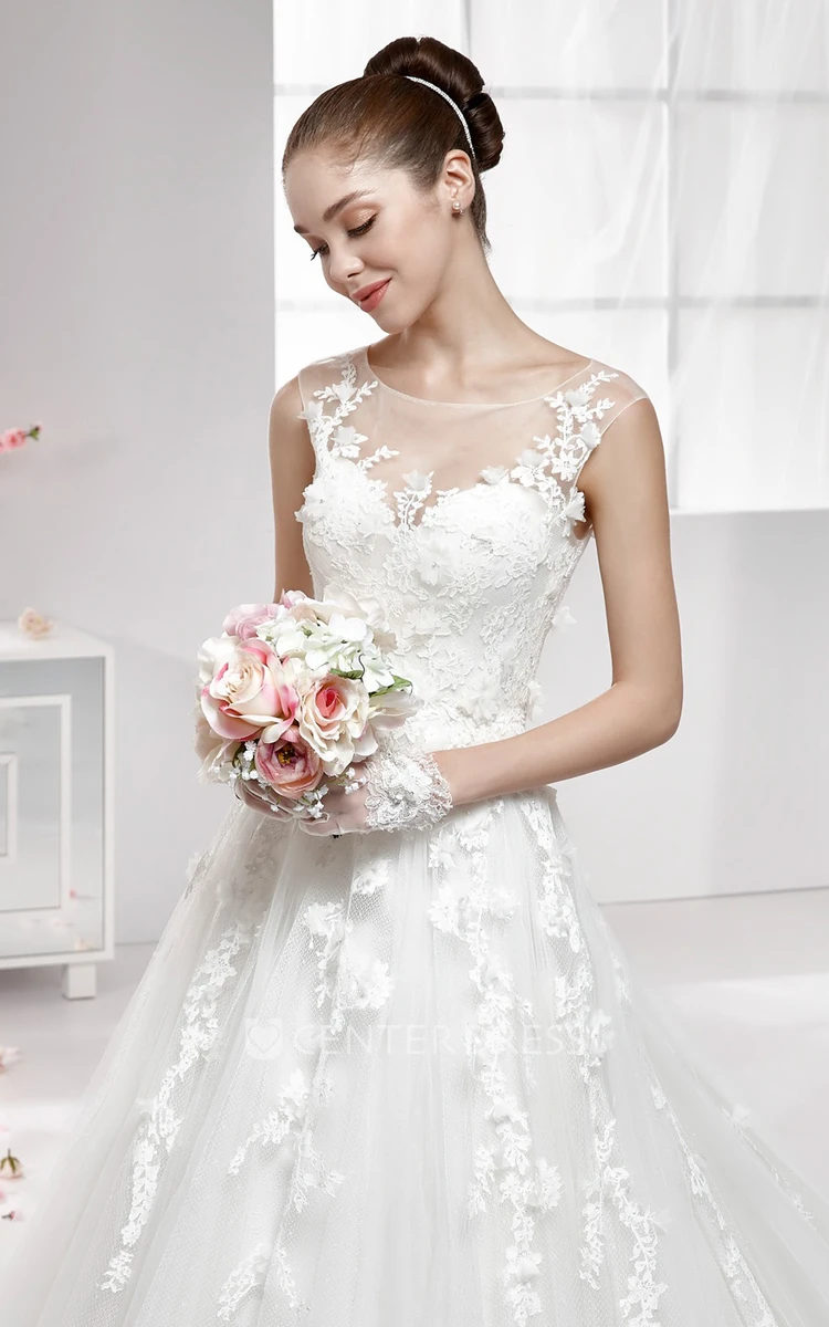 Jewel-Neck Lace Appliqued A-Line Gown With Illusive Neckline And Brush Train