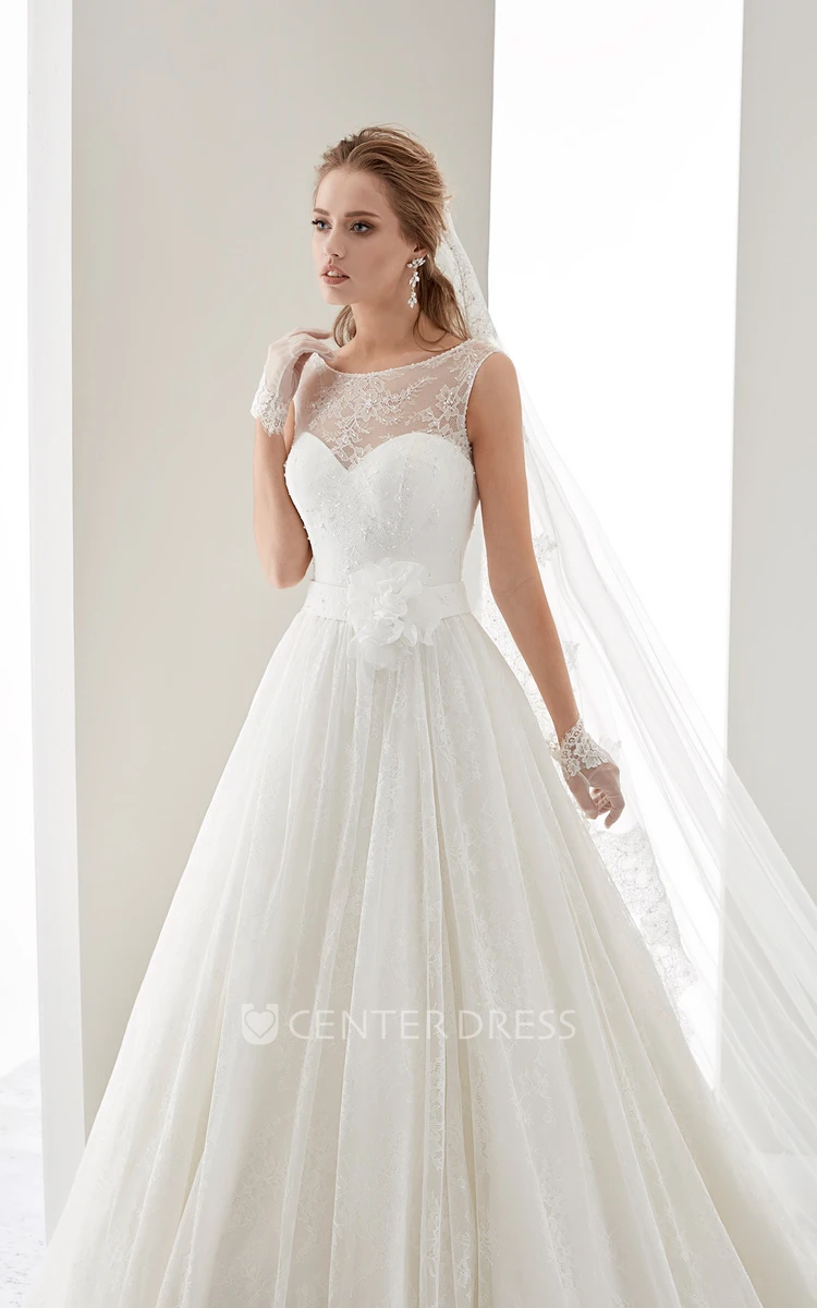 Cap sleeve Illusion Draping Gown with Flower Waist and Jewel Neck