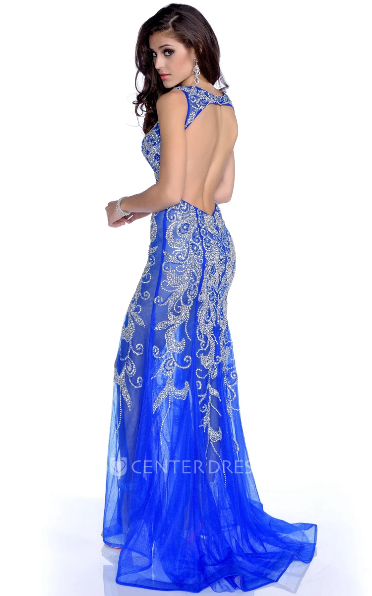 Trumpet V-Neck Tulle Sleeveless Sequined Gown With Side Slit And Keyhole Back