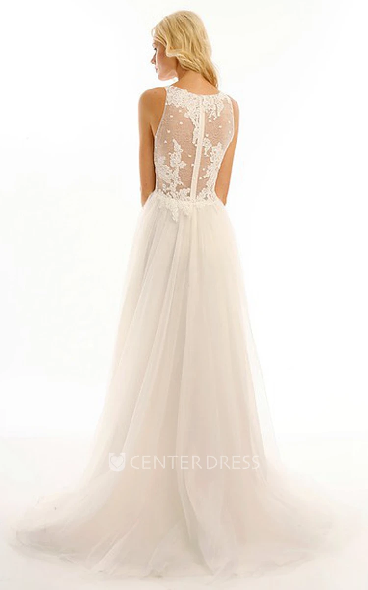 Jewel Floor-Length Appliqued Tulle Wedding Dress With Brush Train And Illusion