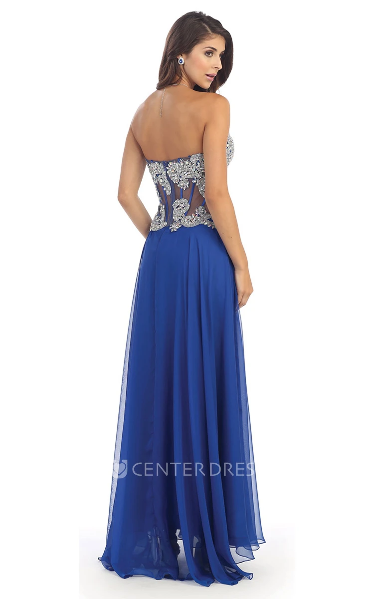 A-Line Long Sweetheart Chiffon Illusion Dress With Split Front And Crystal Detailing