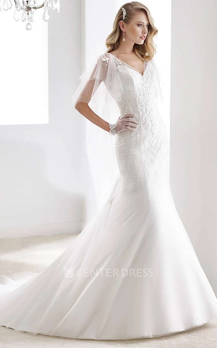 V-Neck Cape-Sleeve Sheath Mermaid Bridal Gown With Open Back