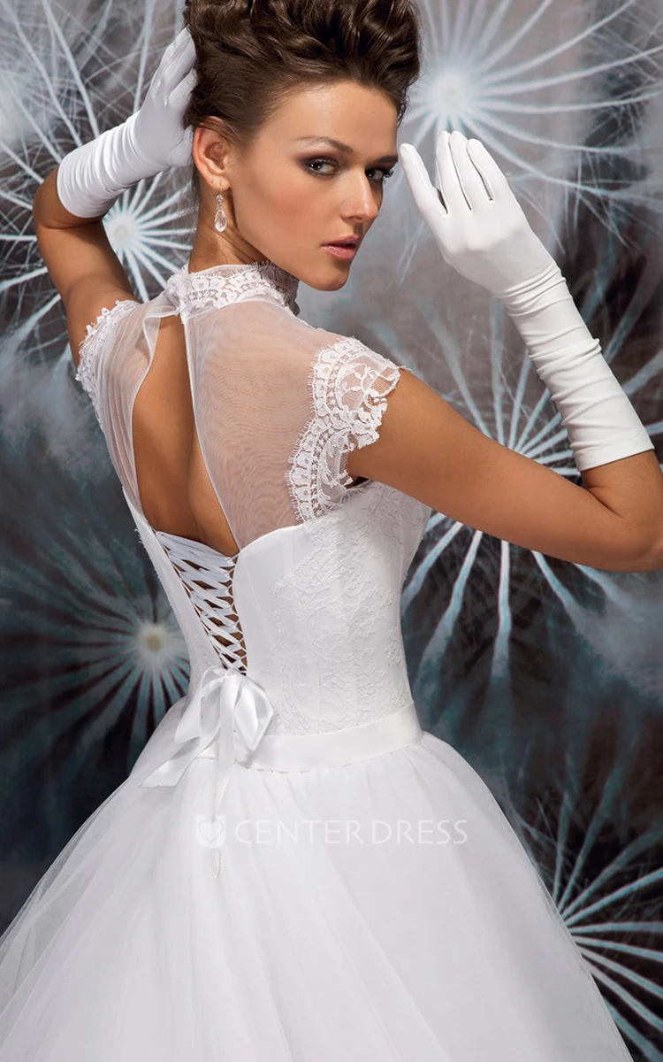 Ball Gown Long High Neck Sleeveless Tulle Wedding Dress With Appliques And Corset Back