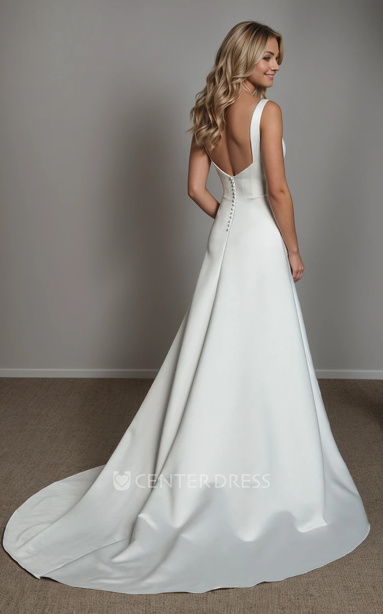 Elegant Modern A-Line Satin Square Neckline Wedding Dress Flowy Simple Boned Bodice Wide Strap Backless Bridal Gown with Train