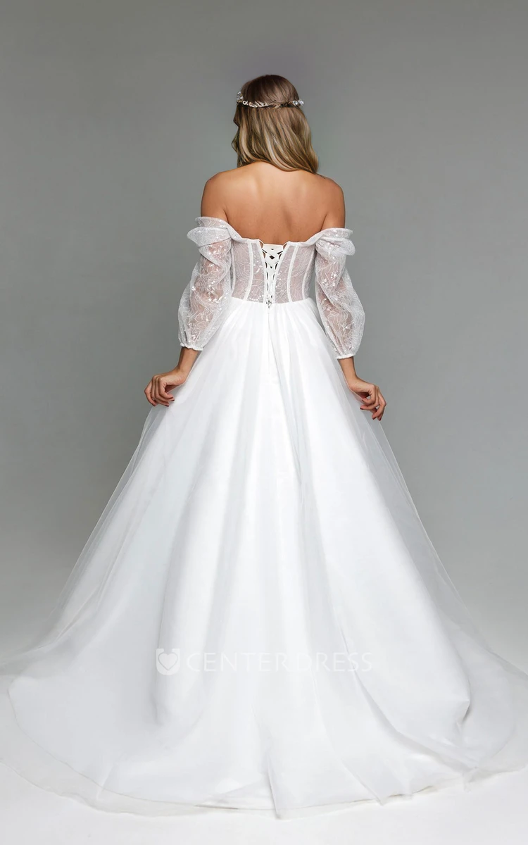 Chic Sexy Off-the-shoulder Strapless A-Line Lace Tulle Wedding Dress Elegant Solid Long Sleeve Floor-length Bridal Gown with Train Lace-up Back