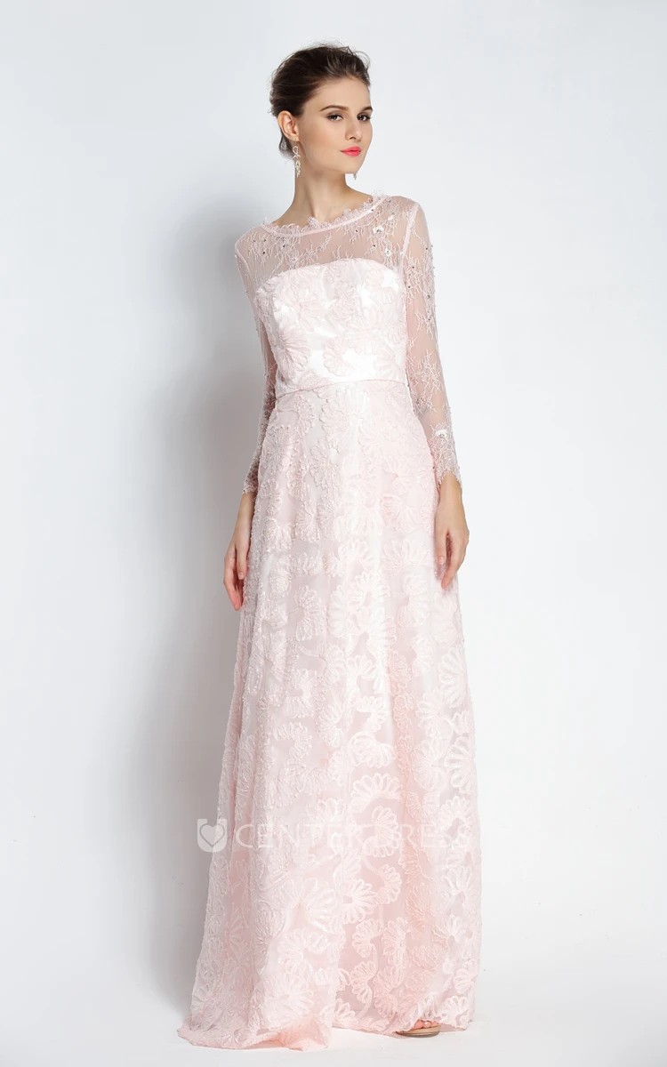 Floor-length Long Sleeve A-Line Bateau Scalloped Lace Prom Dress with Beading and Pockets