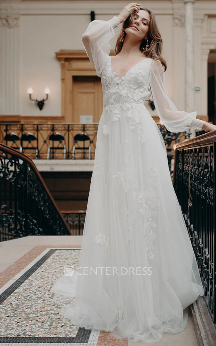 Bohemian Lace Floor-length Long Sleeve A Line V-neck Wedding Dress with Appliques