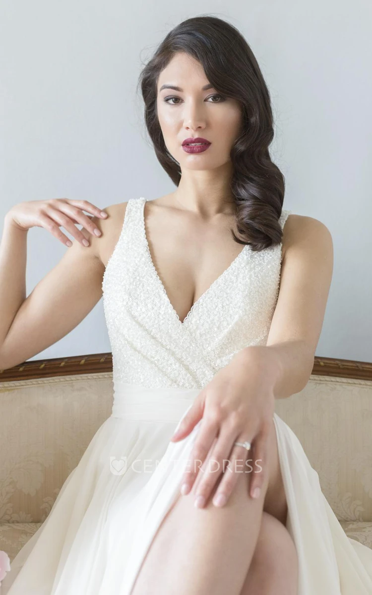 Beaded Sleeveless V-Neck Floor-Length Wedding Dress With Split Front