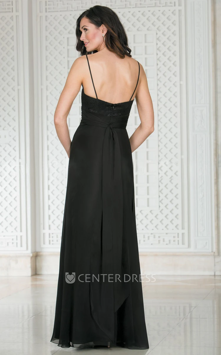 Sleeveless Long Bridesmaid Dress With Spaghetti Straps And Lace Detail