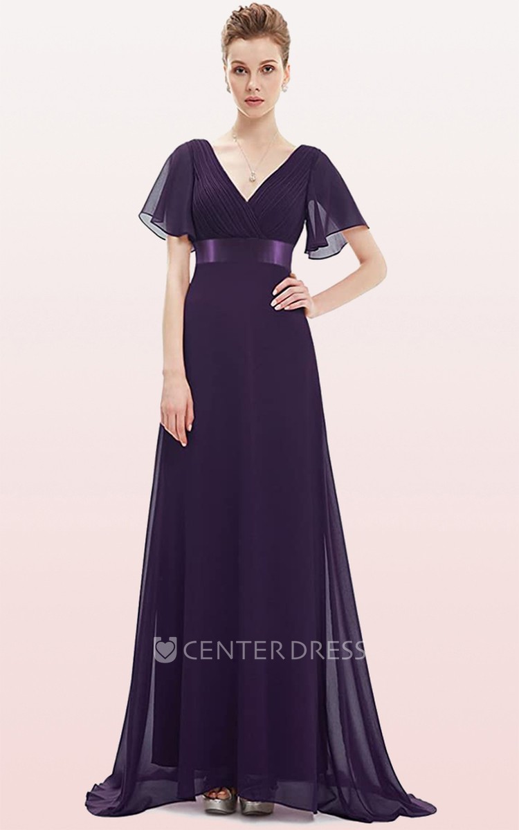 Romantic A Line Chiffon V-neck Short Sleeve Prom Evening Dress