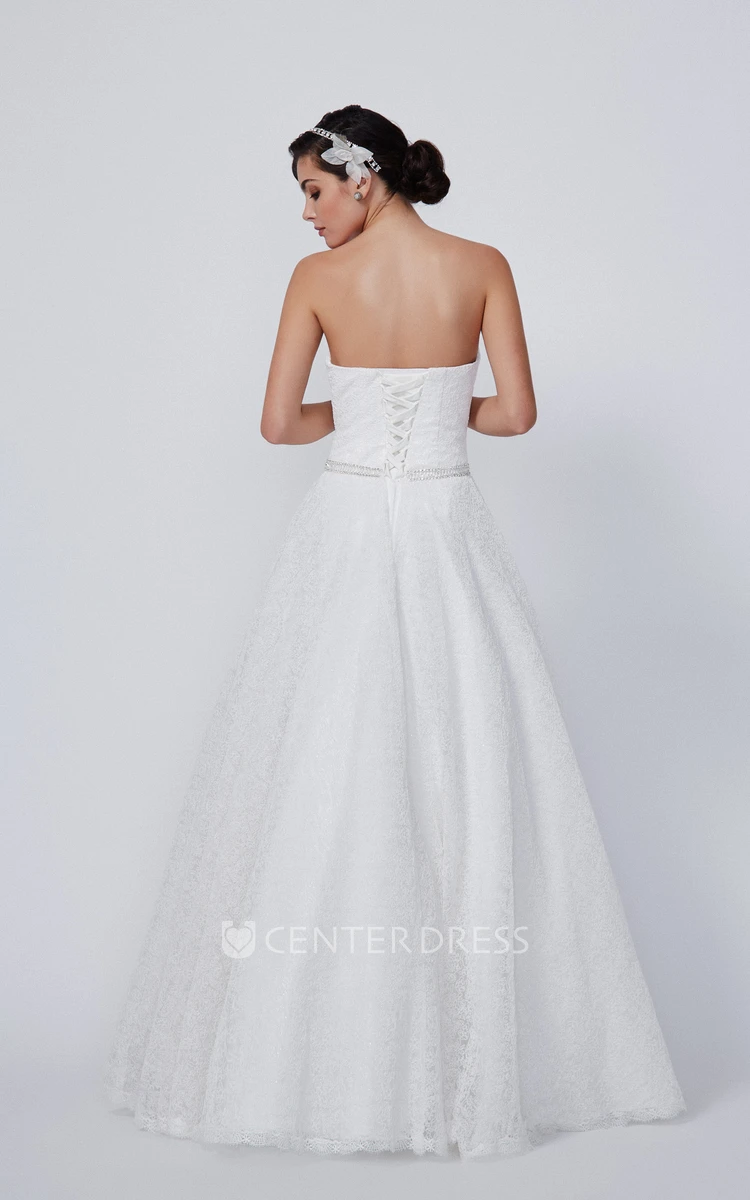 A-Line Strapless Sleeveless Floor-Length Jeweled Lace Wedding Dress