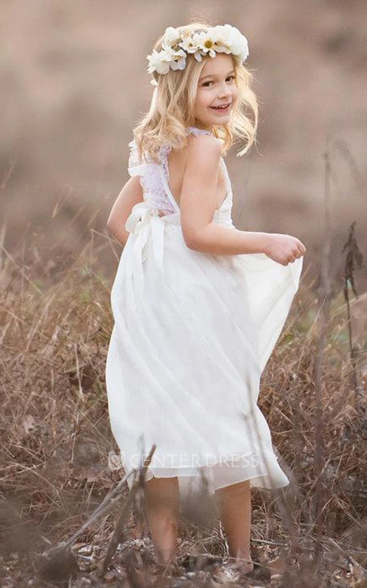 Lace Bow Back Strap Criss-Crossed Flower Girl Dress