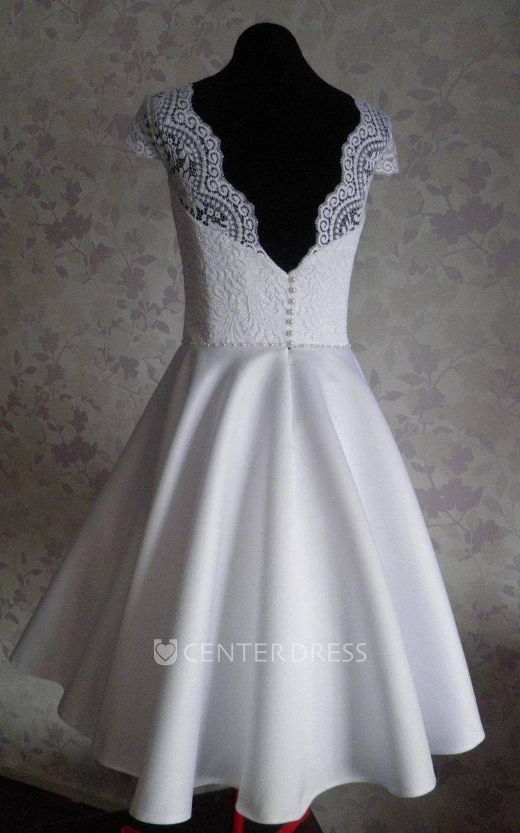 1950S Vintage Bateau Neck Cap Sleeve Tea-Length Satin Wedding Dress