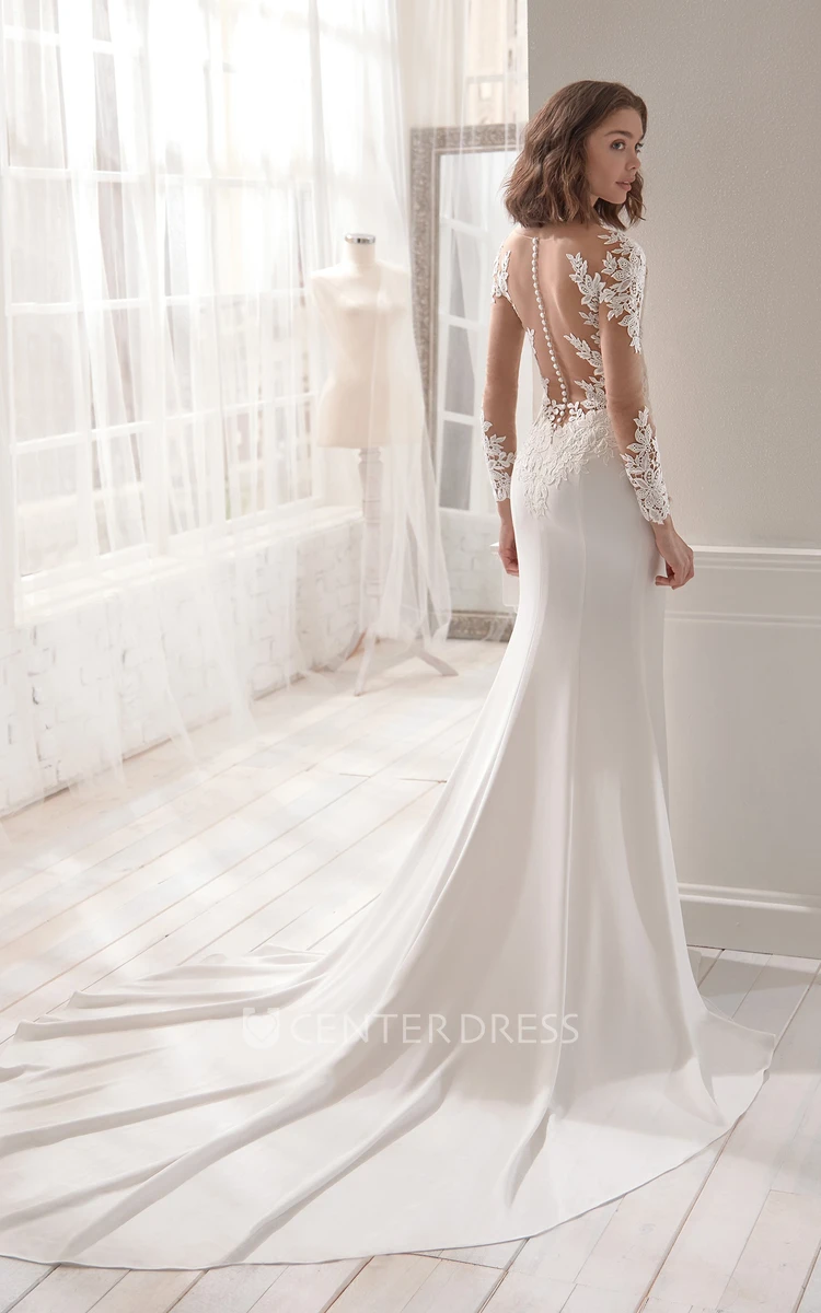 Fabulous Long Sleeve Chapel Train Bridal Gown With Ilussion Back