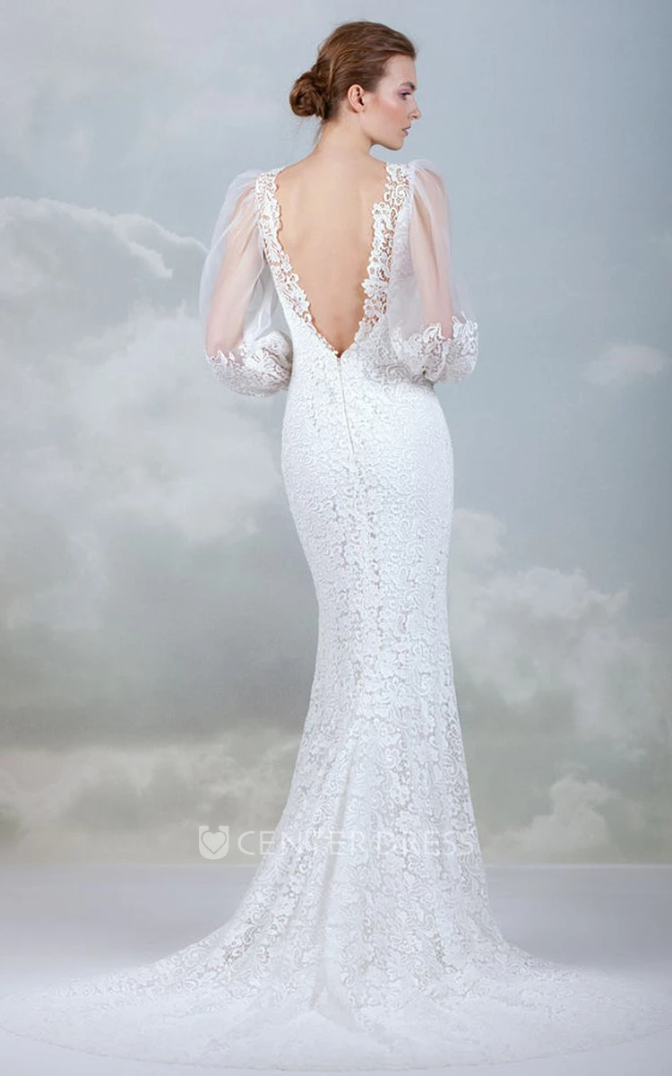 Romantic Mermaid Lace Bateau Brush Train Floor-Length Wedding Dress With Long Sleeve