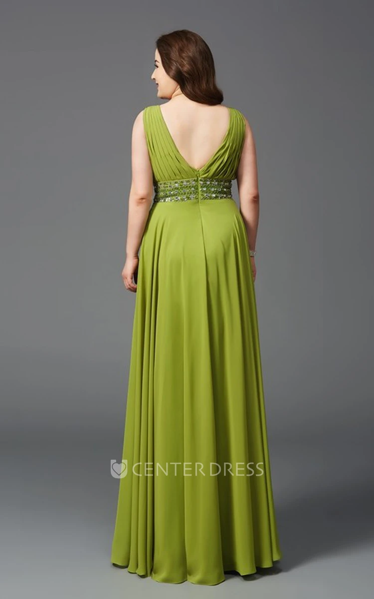 A-line Floor-length V-neck Sleeveless Chiffon Waist Jewellery Pleats Low-V Back Dress