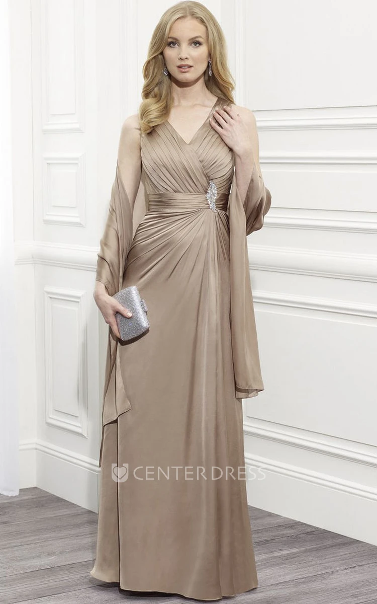 V-Neck Ruched Sleeveless Satin Mother Of The Bride Dress With Cape