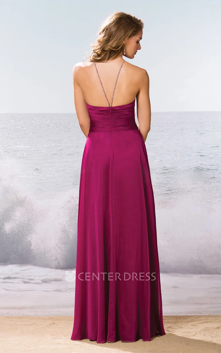 Sleeveless A-Line Long Bridesmaid Dress With Pleats And Beadings