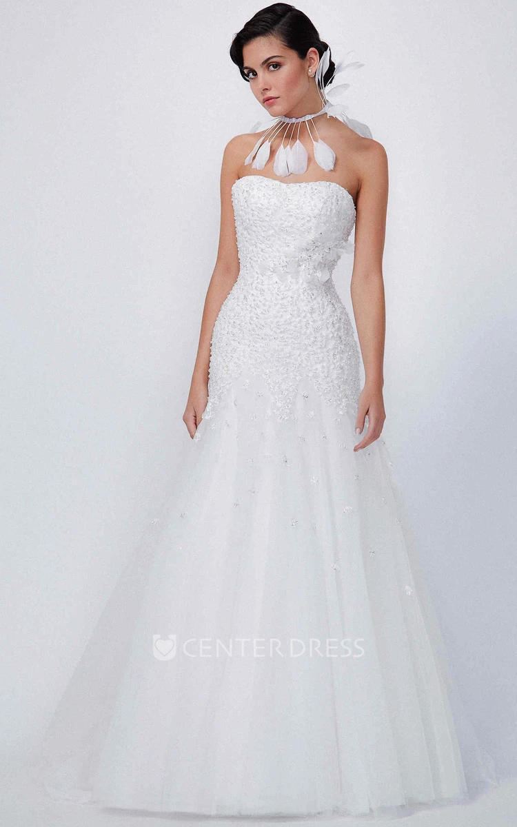 Mermaid Strapless Sleeveless Beaded Maxi Tulle Wedding Dress With Flower