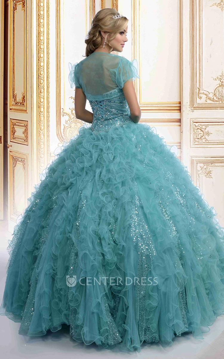 Organza Sweetheart Ball Gown With Illusion Cape And Cascading Ruffles