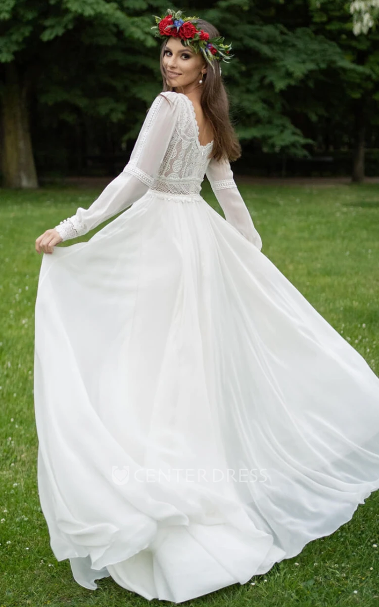 Poet Sleeves Chiffon A-Line Beach Wedding Dress with V-Neckline and Illusion Low-V Back