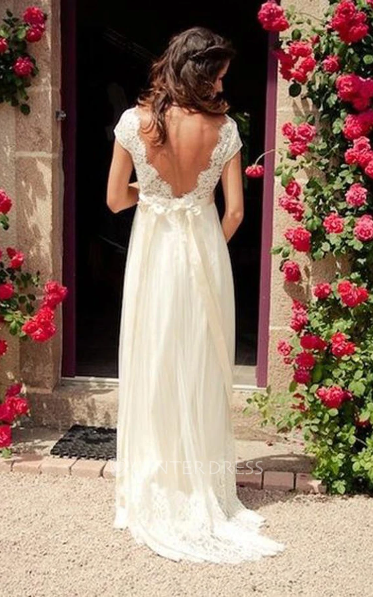 A Line V-neck Chiffon Lace Low-V Back Wedding Gown
