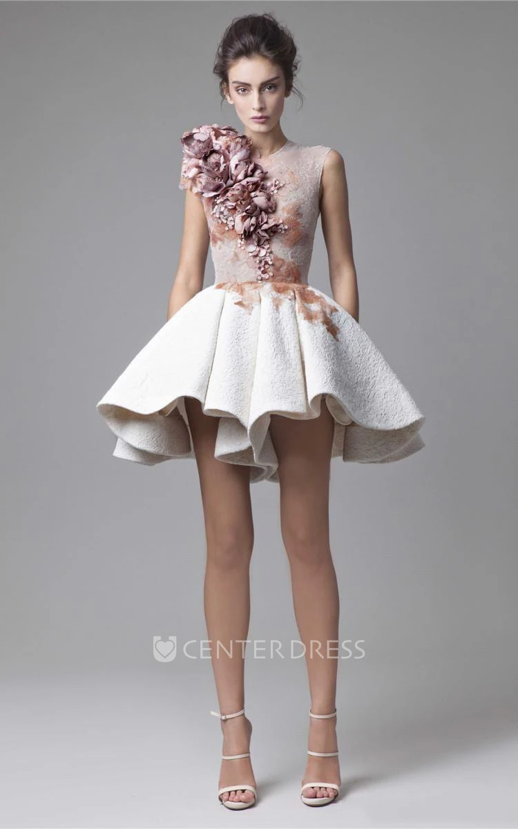 Two-Tone Modern Sleeveless Jewel-Neck Short Skirt Illusion Delicate Flowers For Prom