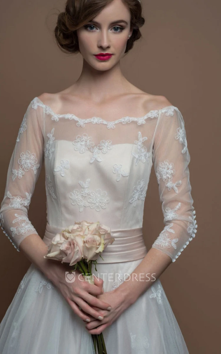 A-Line 3-4-Sleeve Appliqued Floor-Length Bateau-Neck Tulle Wedding Dress