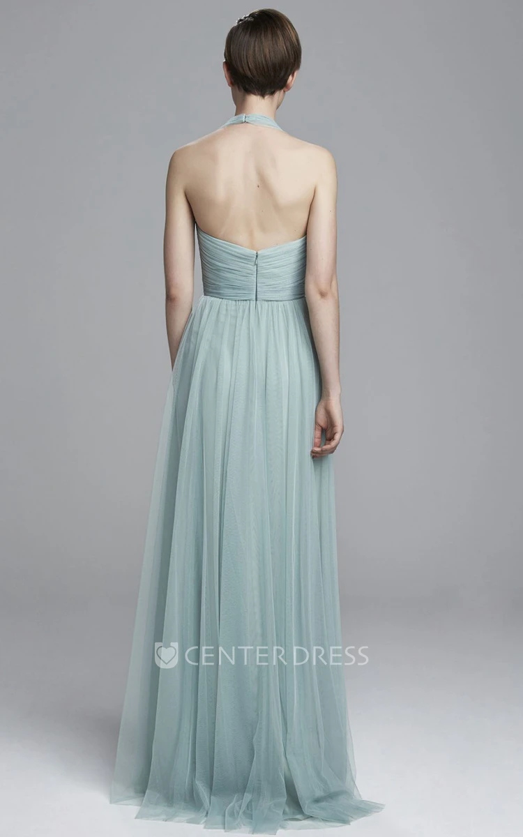A-Line Maxi Sleeveless Haltered Ruched Tulle Bridesmaid Dress With Pleats