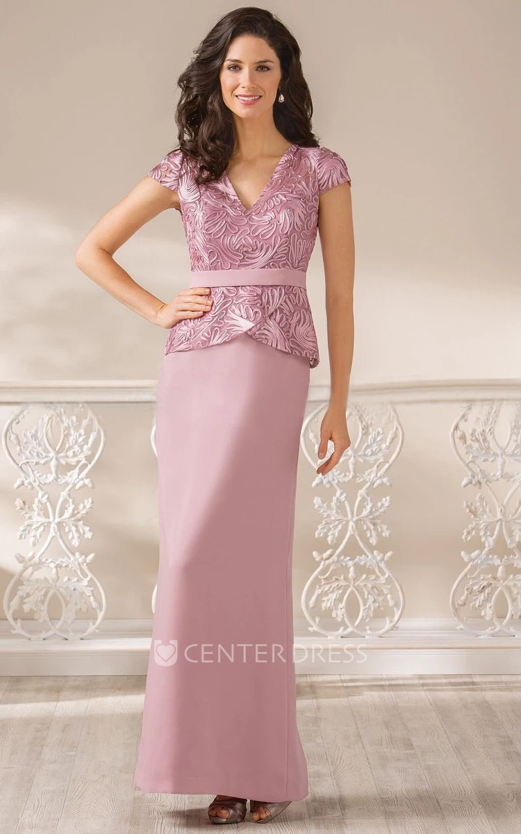 V-Neck Cap-Sleeved Long Peplum Style Gown With Appliques