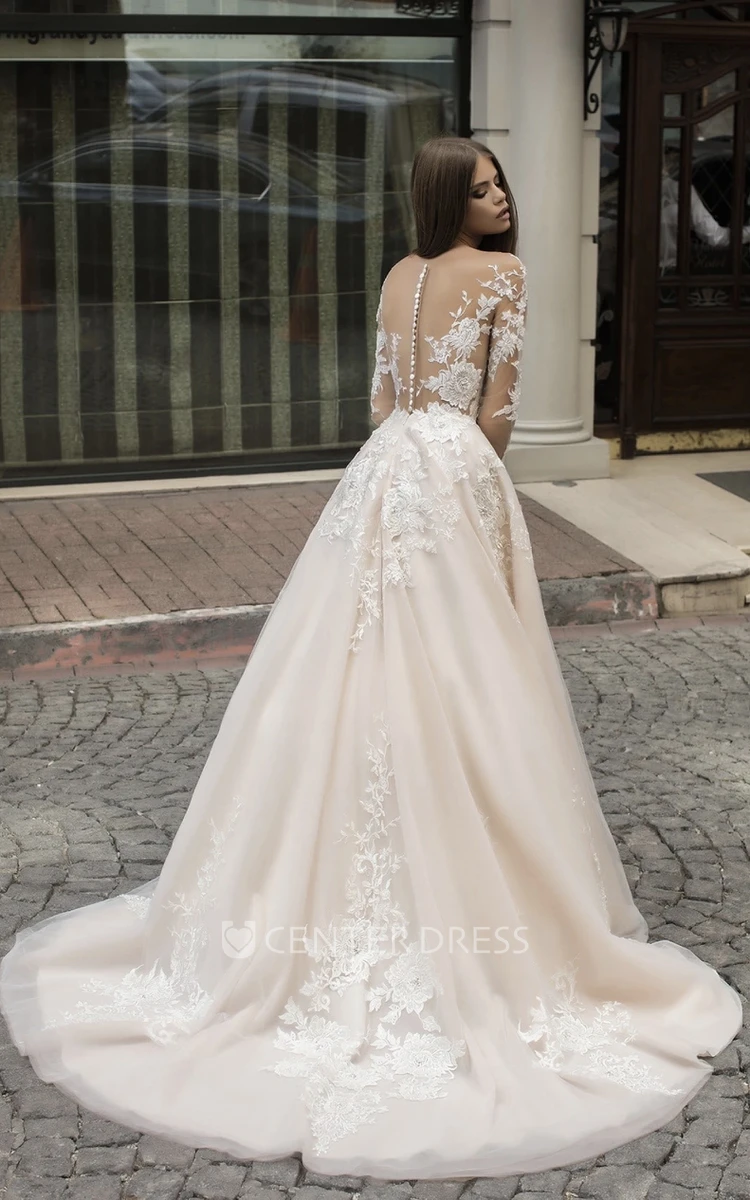 Romantic Lace V-neck A-Line Wedding Dress Garden Bride Elegant Sleeves Appliques