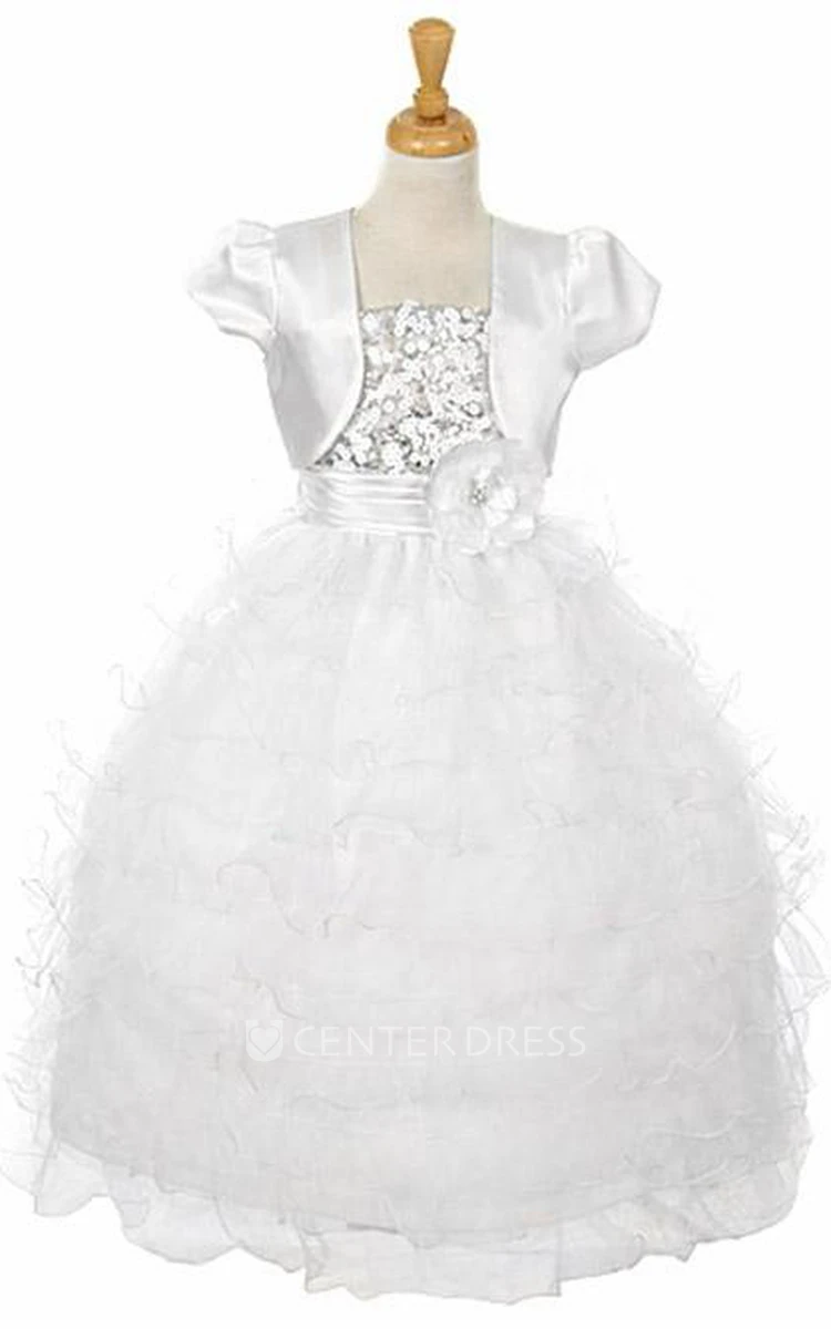 Bolero Ankle-Length Floral Sequins&Organza Flower Girl Dress With Ribbon