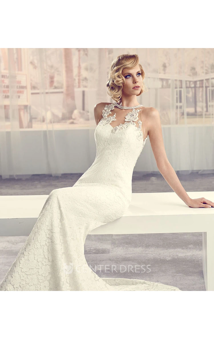 High Neck Long Appliqued Lace Wedding Dress With Court Train And Keyhole