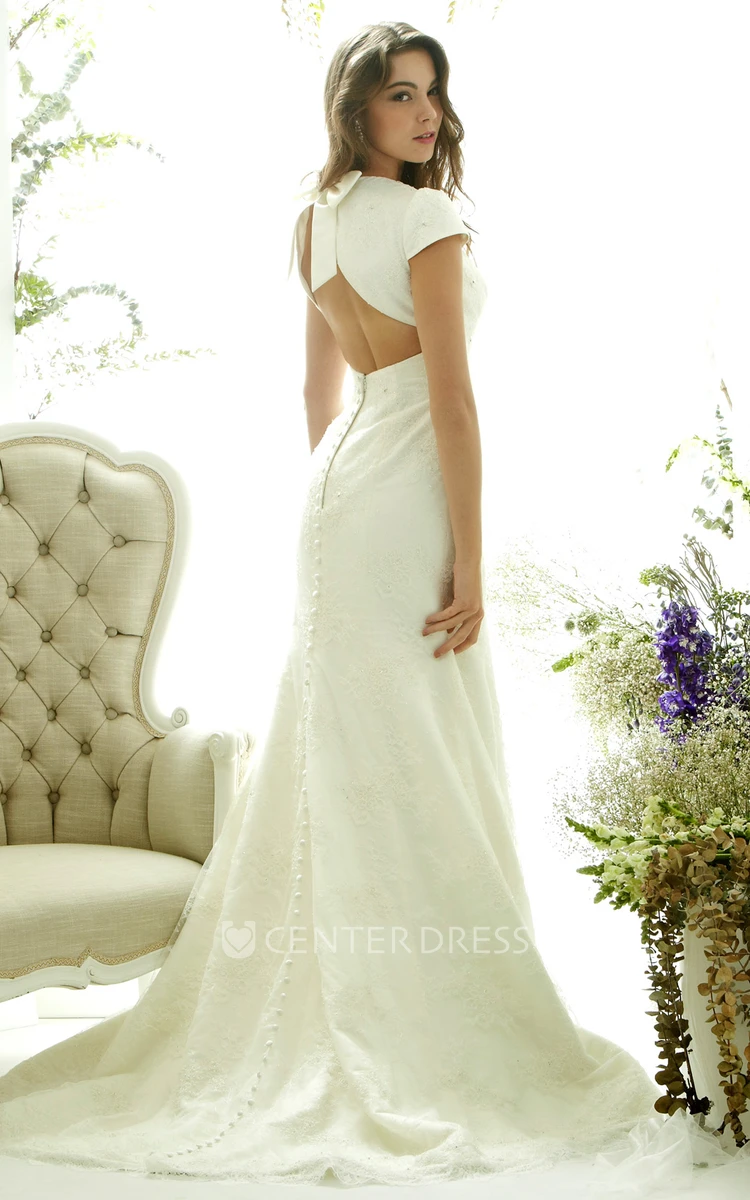 Floor-Length Bowed Cap Sleeve Scoop Neck Lace Wedding Dress