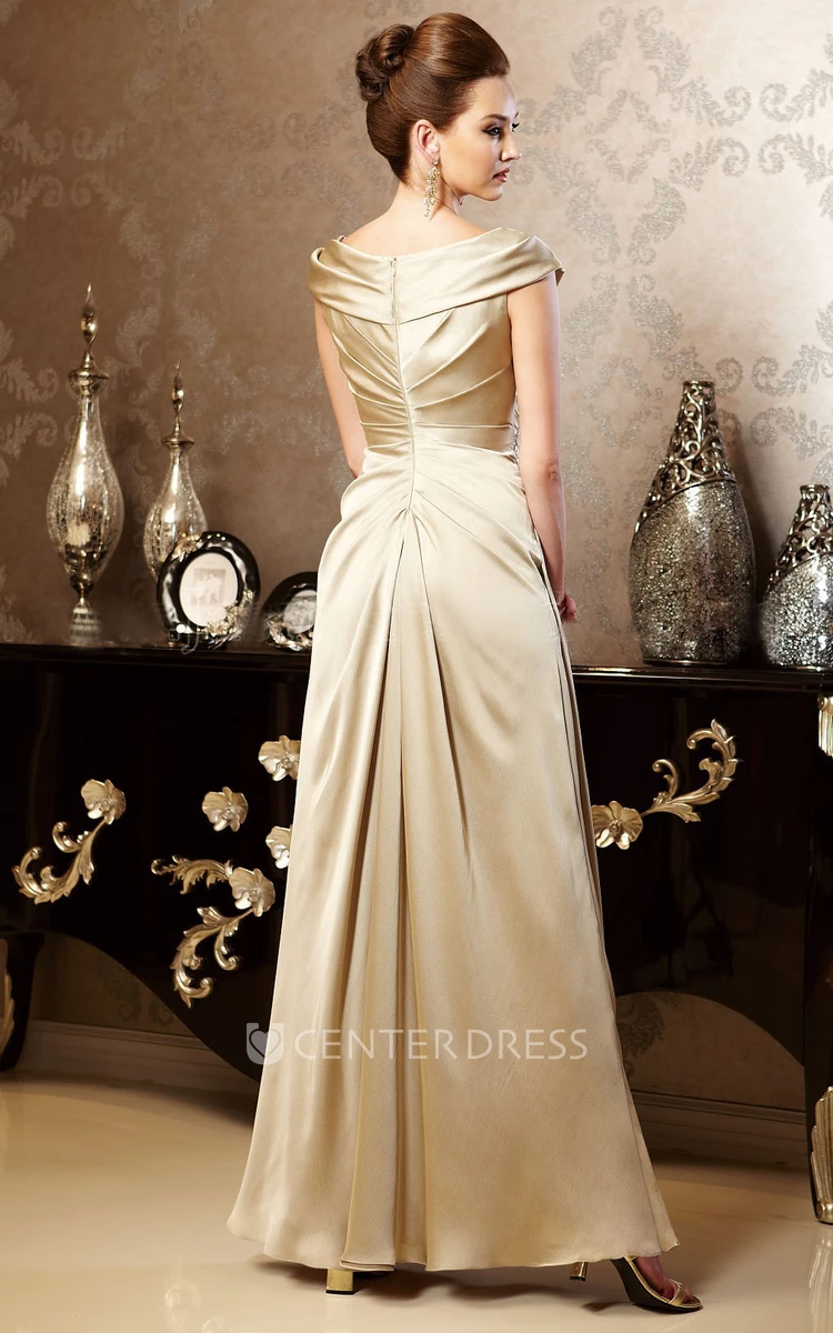 Cap-Sleeved Long Gown With Draping And Appliques