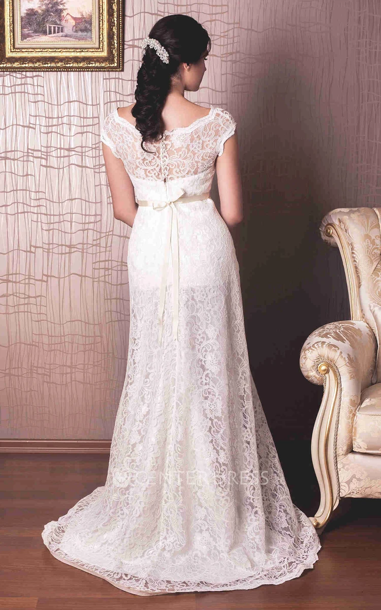 Sheath Floor-Length Cap-Sleeve Bateau-Neck Lace Wedding Dress With Waist Jewellery And Appliques