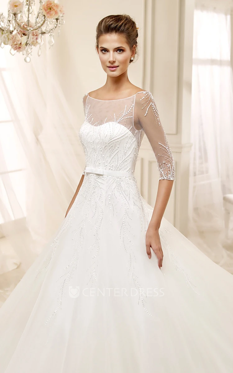 Half-sleeve A-line Wedding Dress with Illusive Design and Brush Train