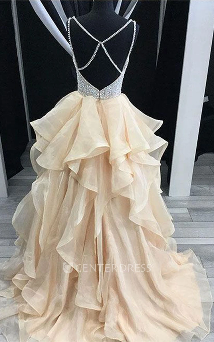 Sleeveless Floor-length Ball Gown Spaghetti Organza Sequins Dress