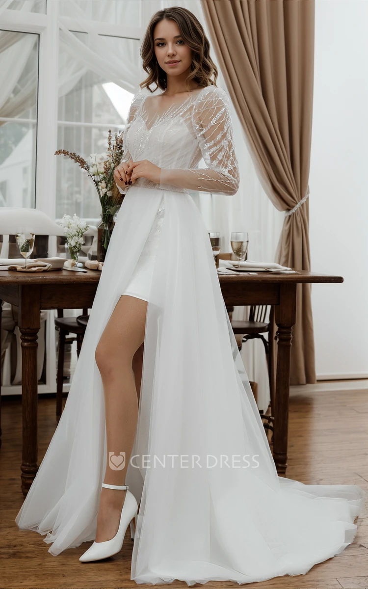 Romantic Vintage Sweetheart Neck A-Line Bodycon Tulle Sequins Lace Wedding Dress Adorable Petite Reception Floor-length Long Sleeve Split Front Corset Back Bridal Gown with Train