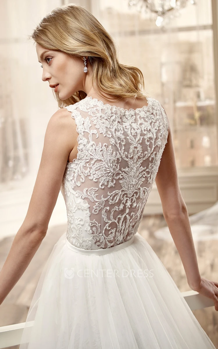Jewel-Neck Side-Split Wedding Dress With Tulle Overlayer And Lace Bodice