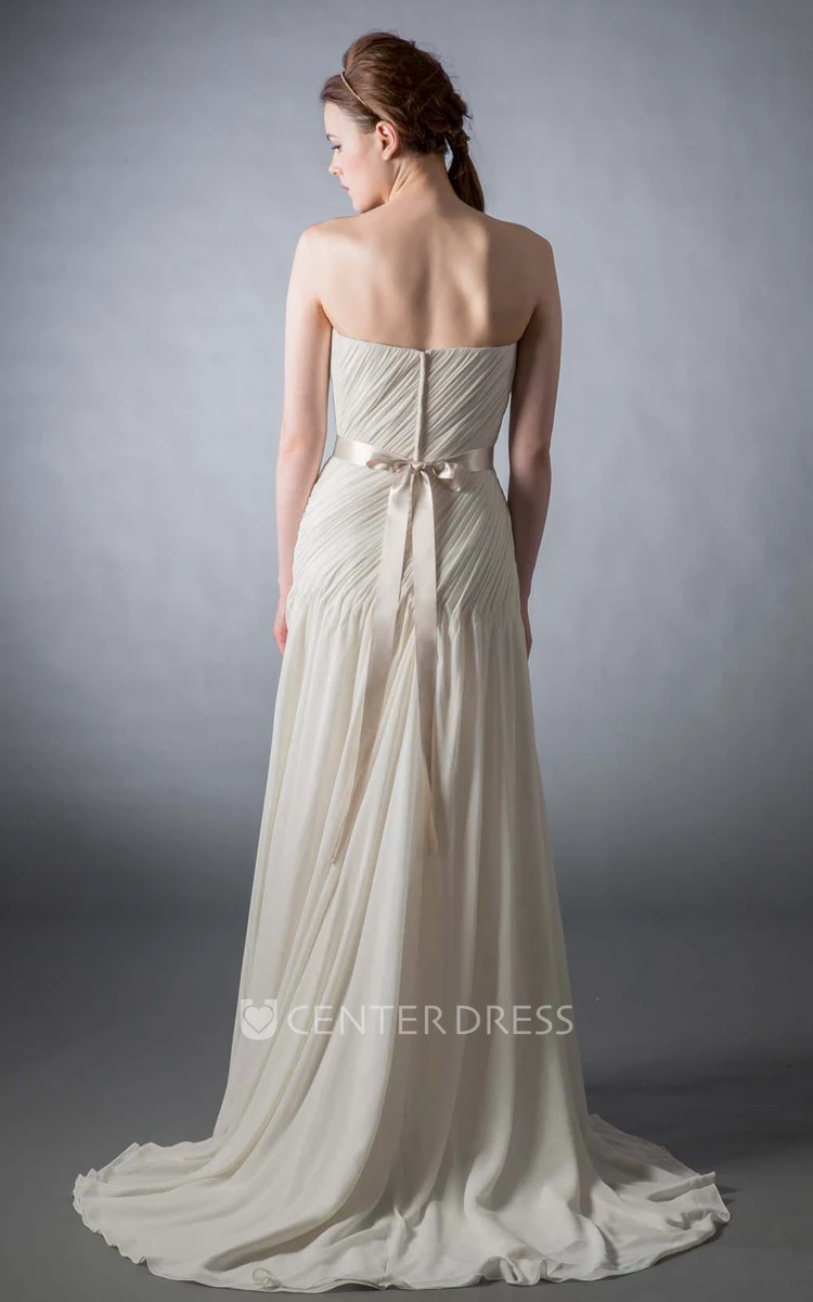 Maxi Strapless Bowed Ruched Chiffon Wedding Dress With Sweep Train