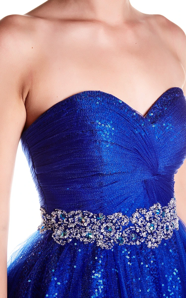 A-Line Sweetheart Beaded Sleeveless Short Sequins&Tulle Prom Dress With Waist Jewellery And Ruffles